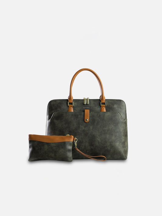 The Likka WorkSmart Laptop Tote Set – Forest Green & Tan Edition