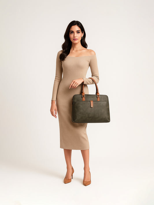 The Likka WorkSmart Laptop Tote Set – Forest Green & Tan Edition